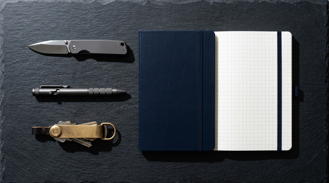 Minimalist desk layout with precision tools and EDC gear